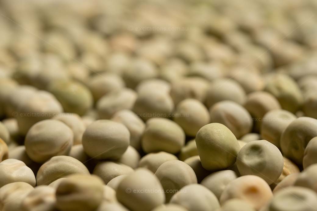 Close up of Snowpea seeds, masses of seed, but only a small number in focus, the rest blurry.