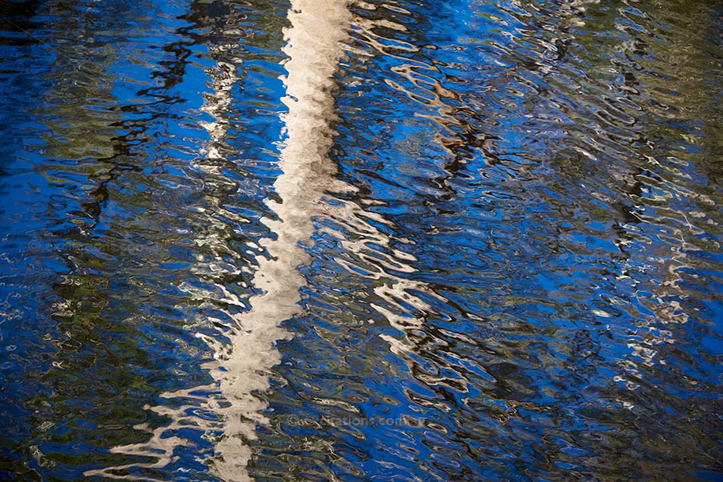 Rippled water surface, reflecting a white trunked gum tree and blue sky. Natural stock photo backgrounds